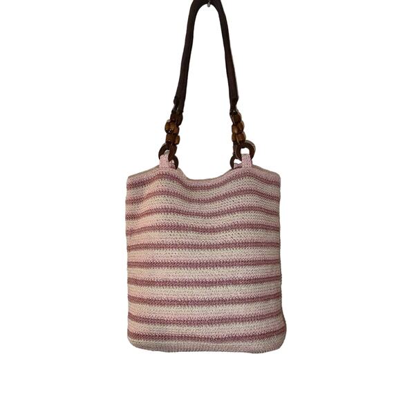 Studio Works - Pink & Cream Stripe Woven Bag w/ Wood Strap Accents - Picture 2 of 10